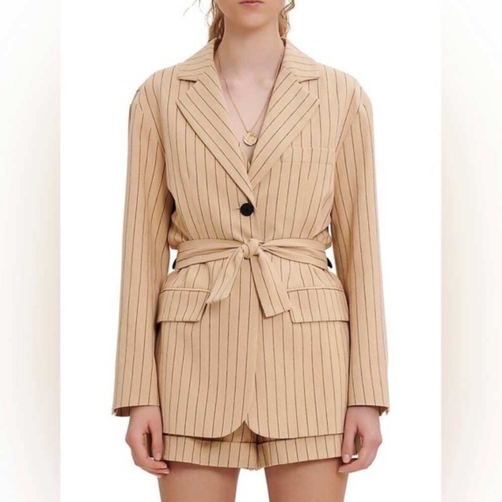 Maje Varcel Blazer Beige Cotton Linen Belted Striped Size 40